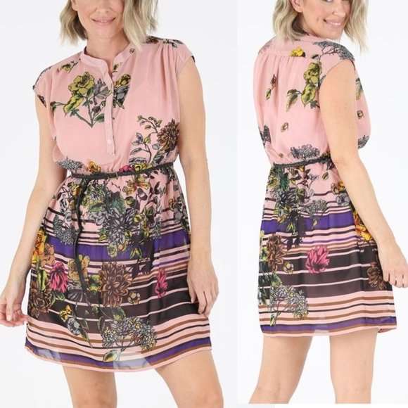Mini Dress NWT • Short Sleeve • Belted • Button up • Floral Striped • Pink Black - Picture 1 of 3